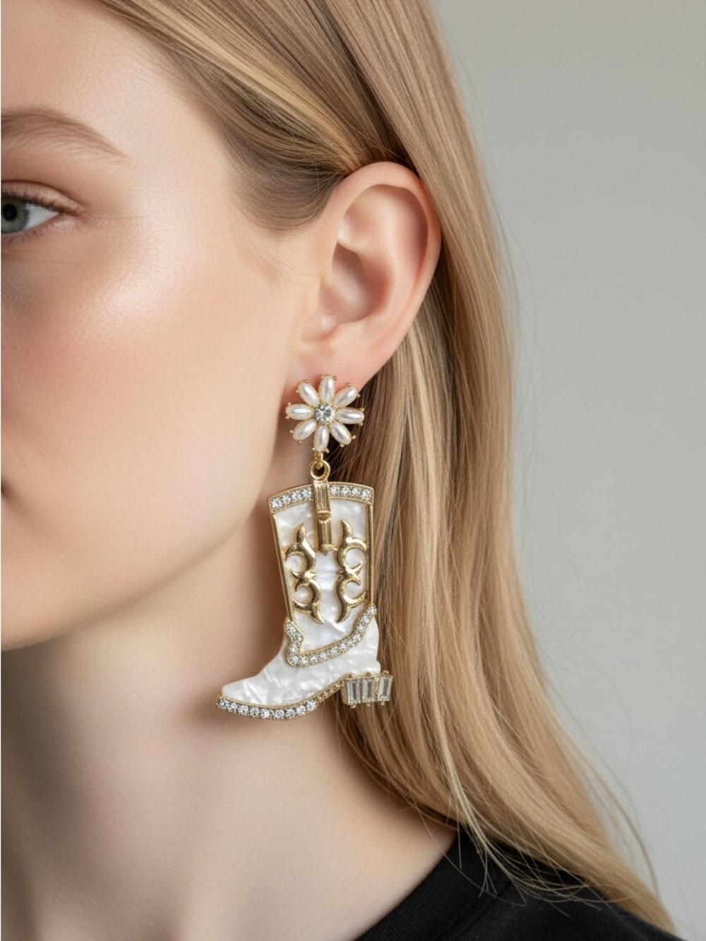 9/27 Gold and White Cowboy Boot Drop Earrings - Women Jewelry